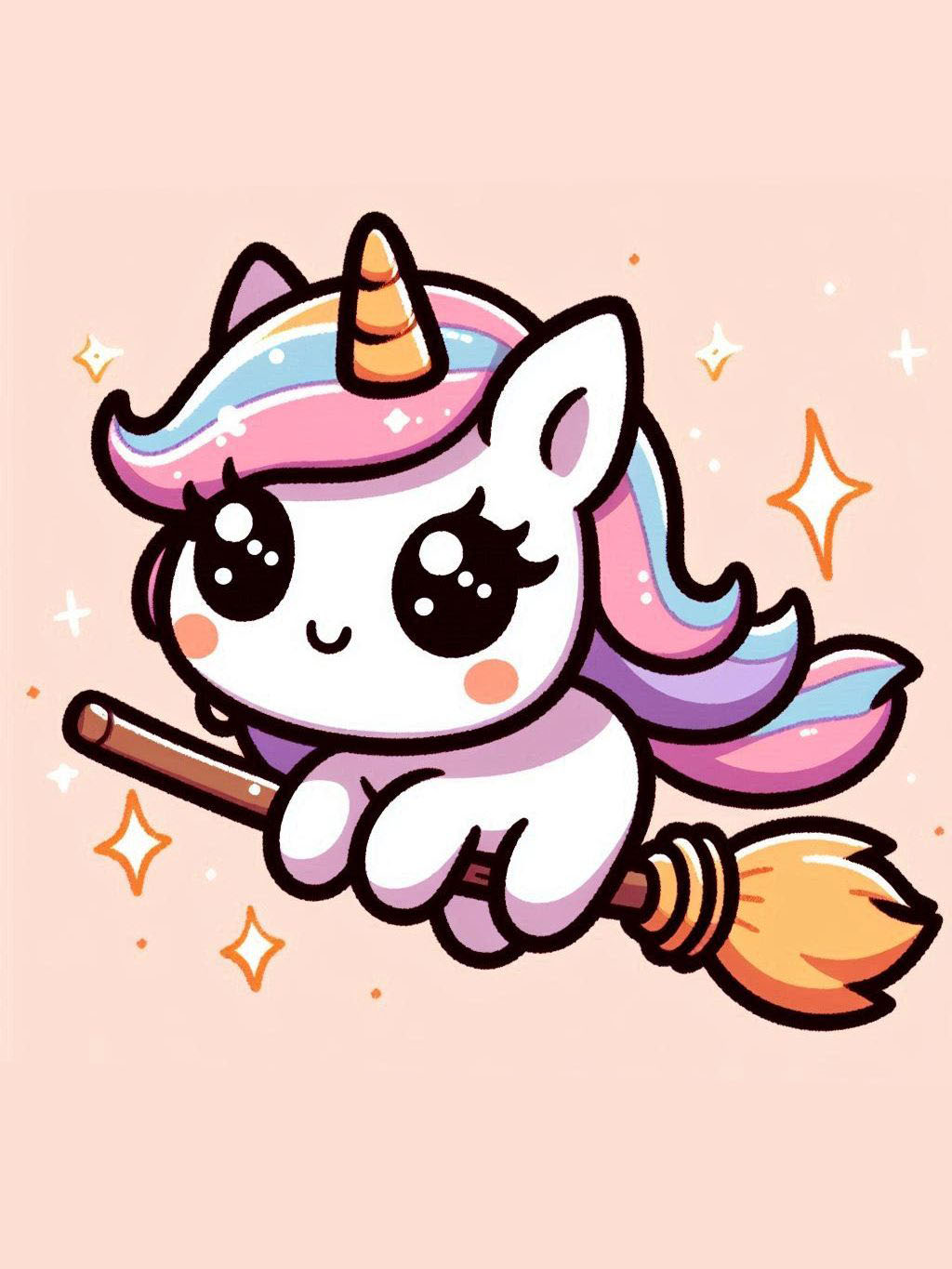 halloween unicorn illustration ideas featuring a cartoon unicorn riding a broomstick with a colorful mane and a cheerful expression.